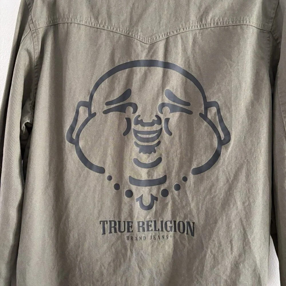 True Religion Men S Olive Green Casual Button Front Buddha Logo Military Jacket